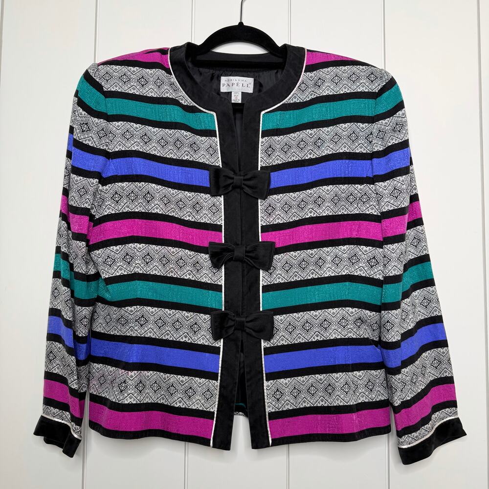 Adrienne Papell Silk Bow Jacket Size 16 Striped